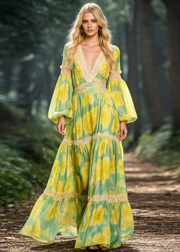 Beautiful Yellow V Neck Print Patchwork Chiffon Maxi Dress Spring