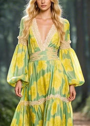 Beautiful Yellow V Neck Print Patchwork Chiffon Maxi Dress Spring