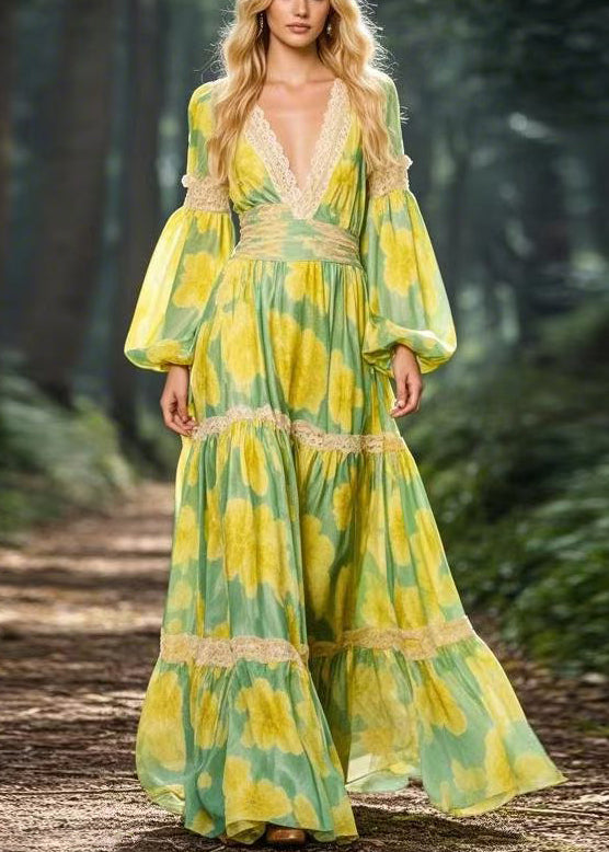 Beautiful Yellow V Neck Print Patchwork Chiffon Maxi Dress Spring