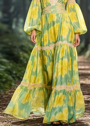 Beautiful Yellow V Neck Print Patchwork Chiffon Maxi Dress Spring