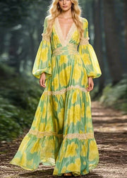 Beautiful Yellow V Neck Print Patchwork Chiffon Maxi Dress Spring