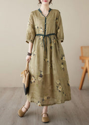 Beautiful Yellow V Neck Print Wrinkled Tie Waist Linen Long Dresses Summer