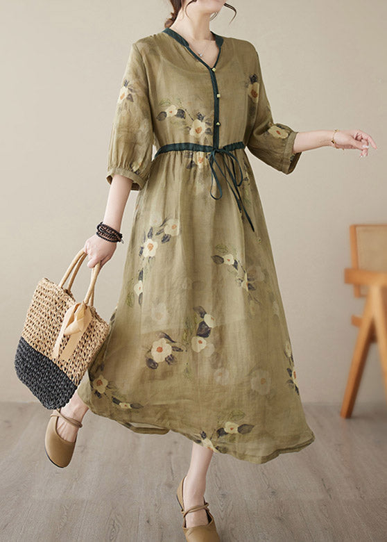 Beautiful Yellow V Neck Print Wrinkled Tie Waist Linen Long Dresses Summer