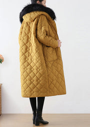 Beautiful Yellow Zippered Warm Hooded Long Parka Winter