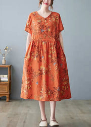 Wunderschönes orangefarbenes Kleid mit O-Ausschnitt und Taschendruck