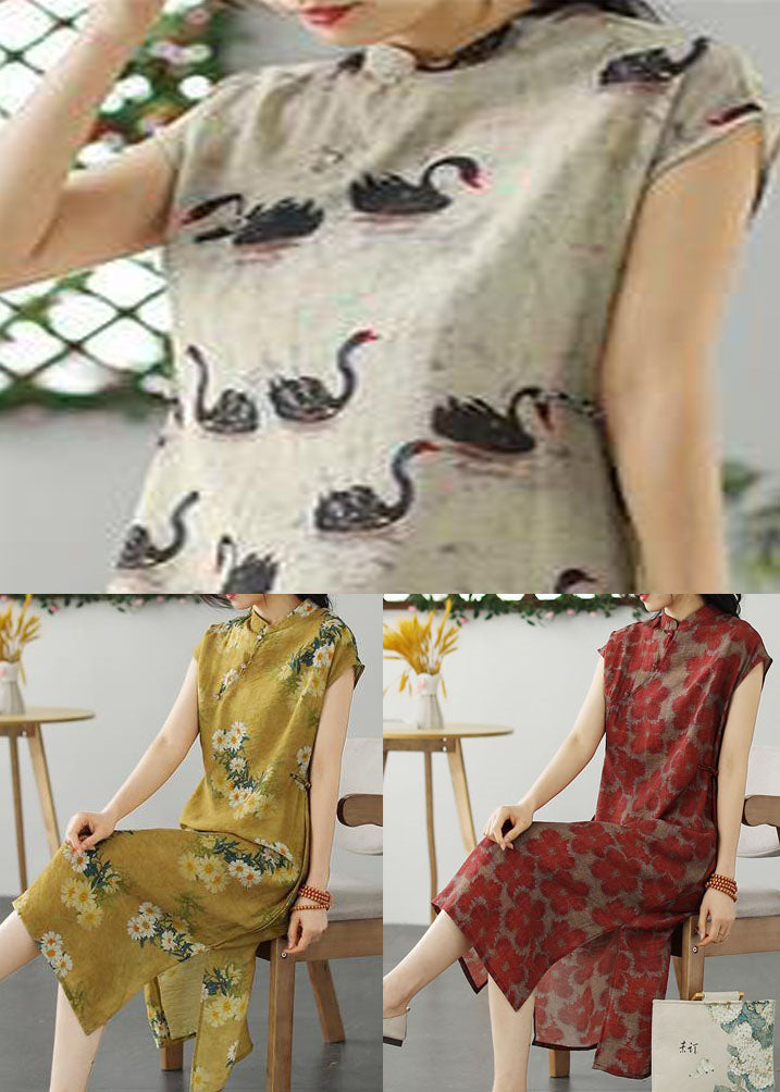 Beige Animal Print Patchwork Linen Dress Stand Collar Summer