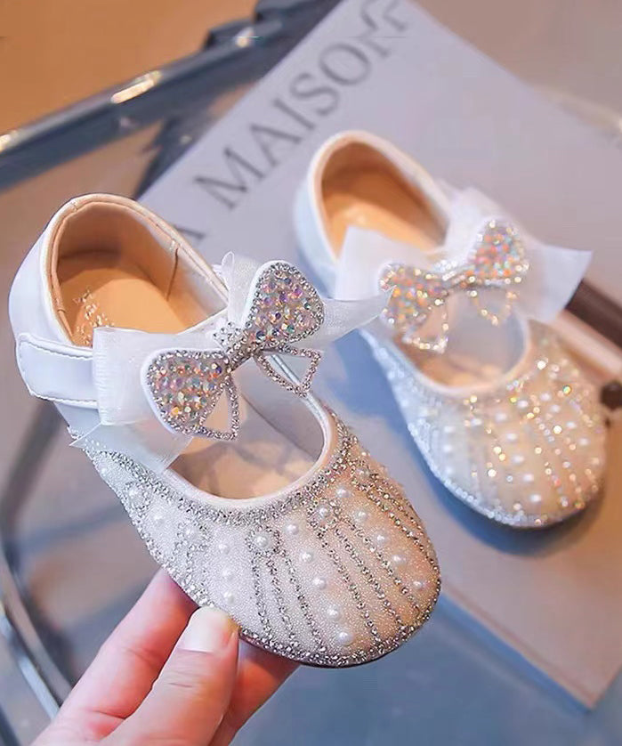 Beige Baby Girls Princess Shoes Bow Zircon Nail Bead