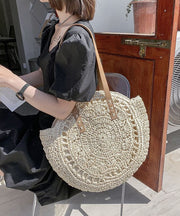 Beige Beach Satchel Handbag Straw Woven Hollow Out