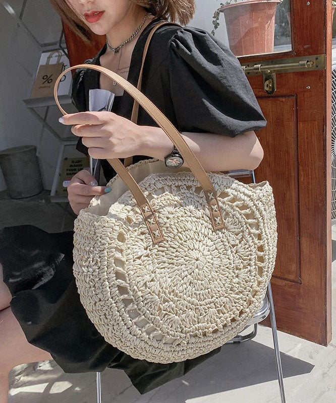 Beige Beach Satchel Handbag Straw Woven Hollow Out