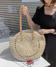 Beige Beach Satchel Handbag Straw Woven Hollow Out