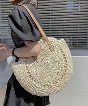 Beige Beach Satchel Handbag Straw Woven Hollow Out