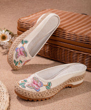 Beige Butterfly Embroideried Splicing Linen Fabric Slide Sandals Women