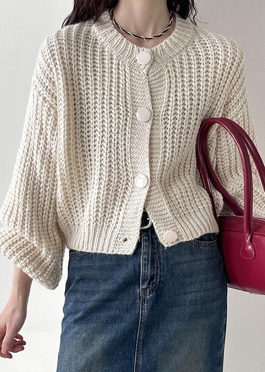 Beige Button Cotton Knit Cardigan O Neck Long Sleeve