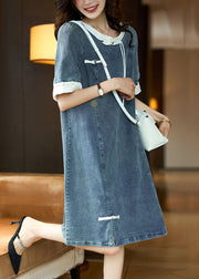 Beige Button Patchwork Denim Dress O Neck Short Sleeve