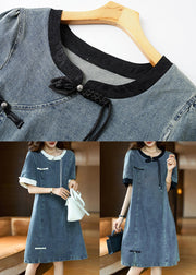 Beige Button Patchwork Denim Dress O Neck Short Sleeve