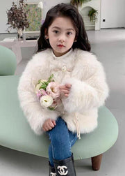 Beige Button Patchwork Mink Hair Girls Coat O-Neck Spring