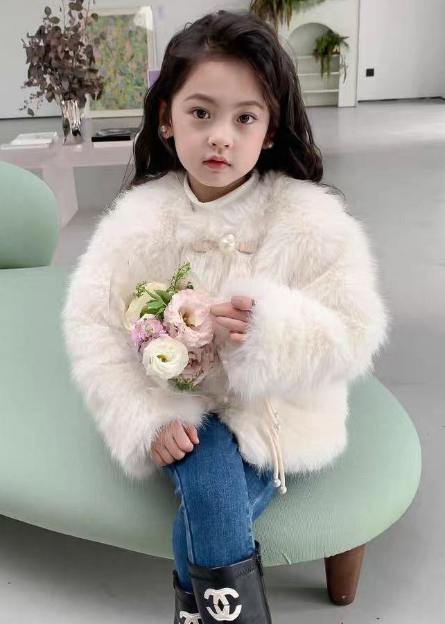 Beige Button Patchwork Mink Hair Girls Coat O-Neck Spring