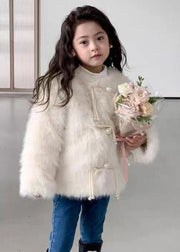 Beige Button Patchwork Mink Hair Girls Coat O-Neck Spring