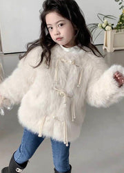 Beige Button Patchwork Mink Hair Girls Coat O-Neck Spring