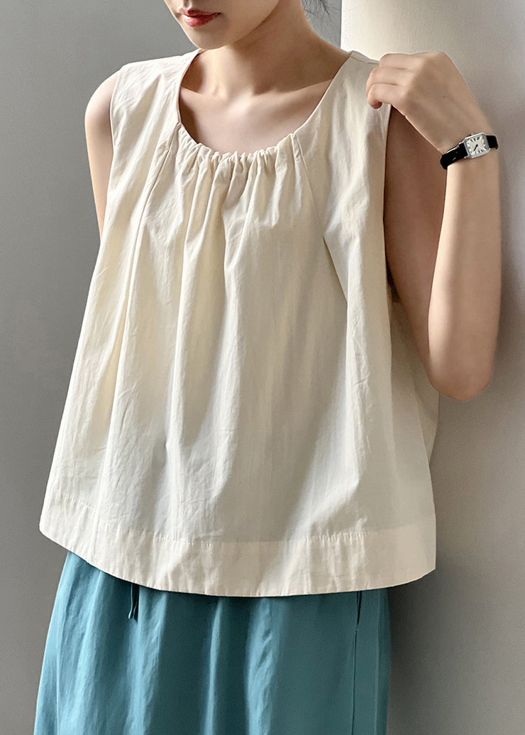 Beige Button Solid Cotton Tops O-Neck Summer