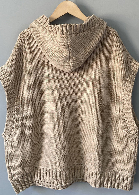 Beige Cable Cotton Knit Hoodie Waistcoat Spring