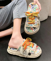 Beige Canvas Lace Up Doodle Splicing Platform Slide Sandals