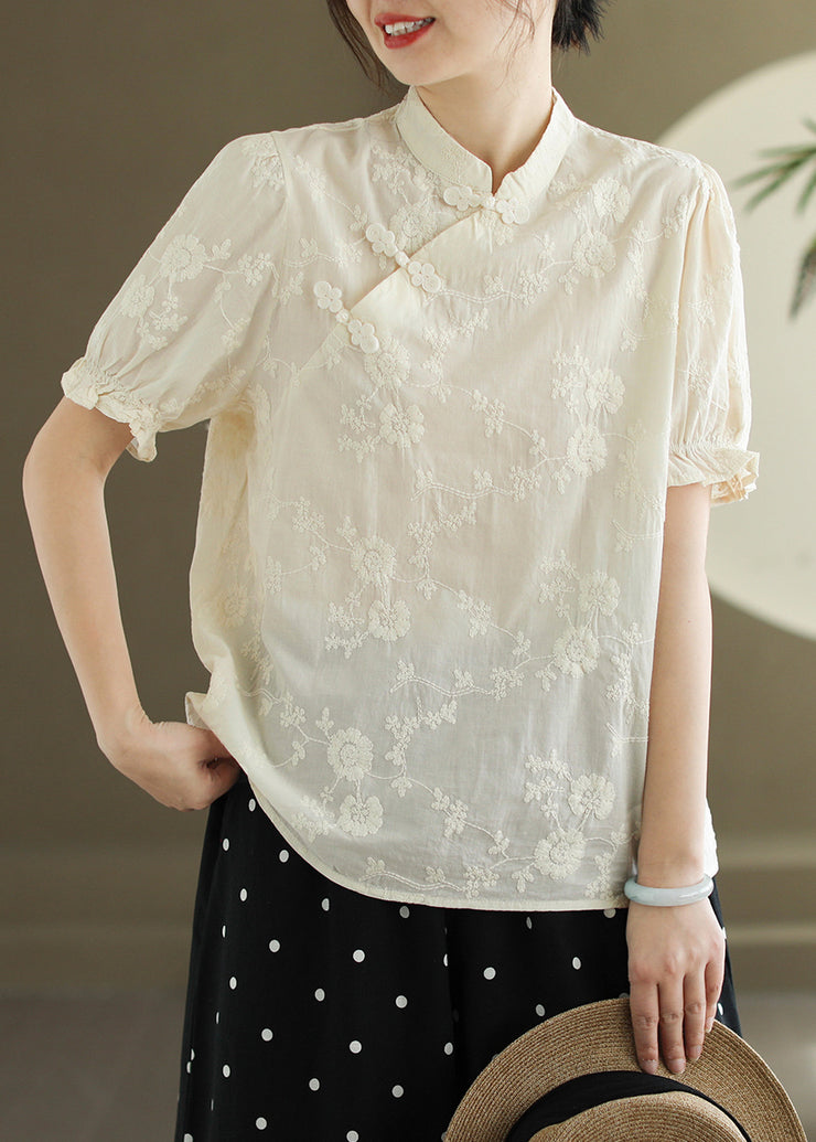 Beige Chinese Button Cotton Shirt Stand Collar Butterfly Sleeve