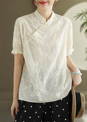 Beige Chinese Button Cotton Shirt Stand Collar Butterfly Sleeve