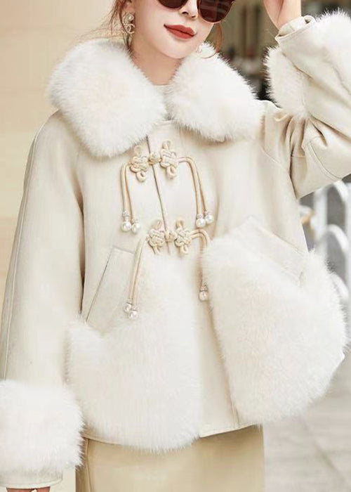 Beige Chinese Button Patchwork Duck Down Down Coats Fur Collar Winter