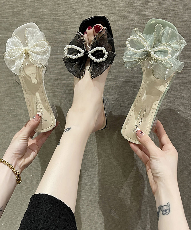 Beige Chunky Heels DIY Bow Pearl Splicing Slide Sandals