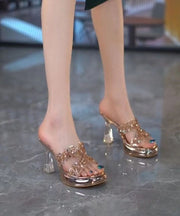 Beige Clear High Heels Slide Sandals Peep Toe Splicing Crystal