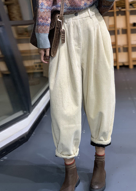 Beige Corduroy Harem Pants Hign Waist Warm Fleece Winter