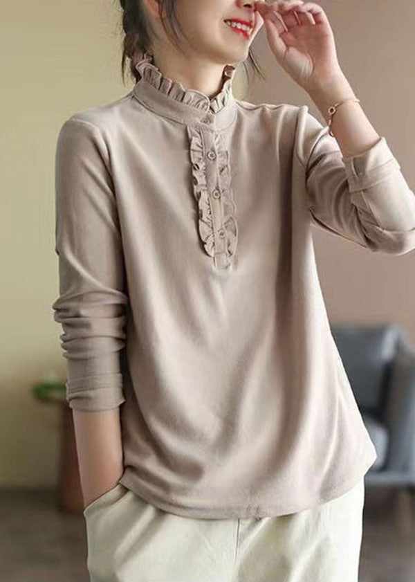 Beige Cotton Blouses Stand Collar Wrinkled Spring