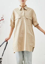 Beige Cotton Long Shirts Oversized Pockets Short Sleeve