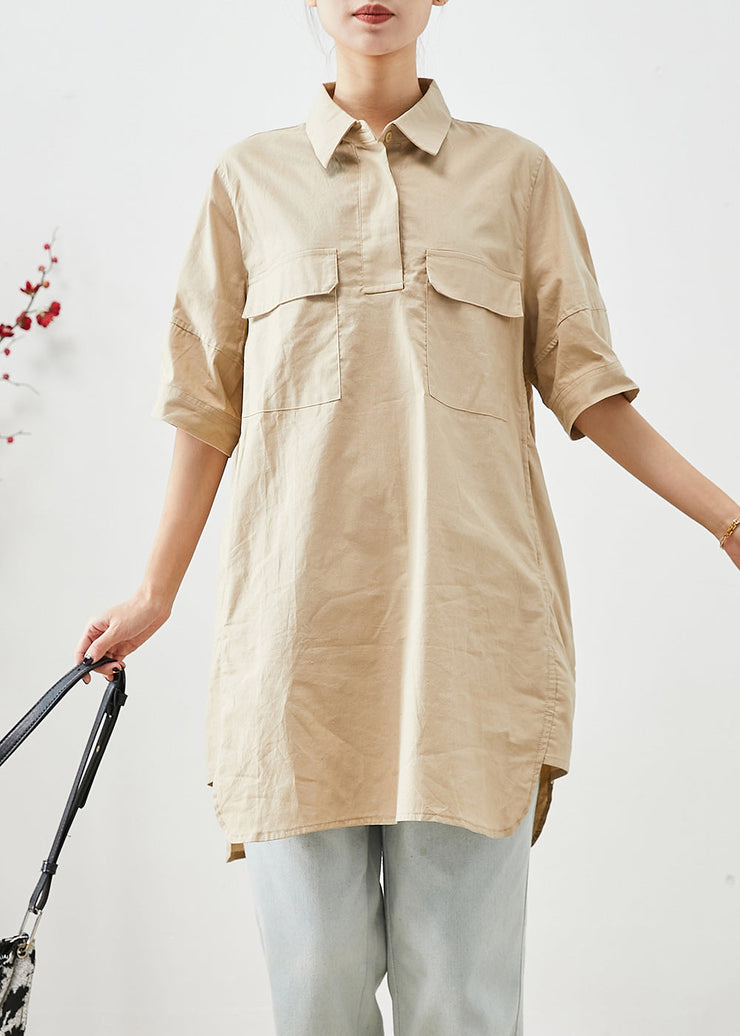 Beige Cotton Long Shirts Oversized Pockets Short Sleeve