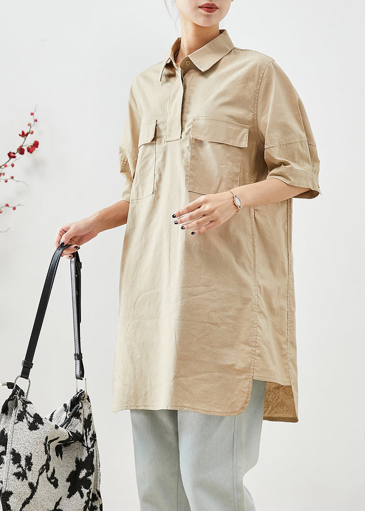 Beige Cotton Long Shirts Oversized Pockets Short Sleeve