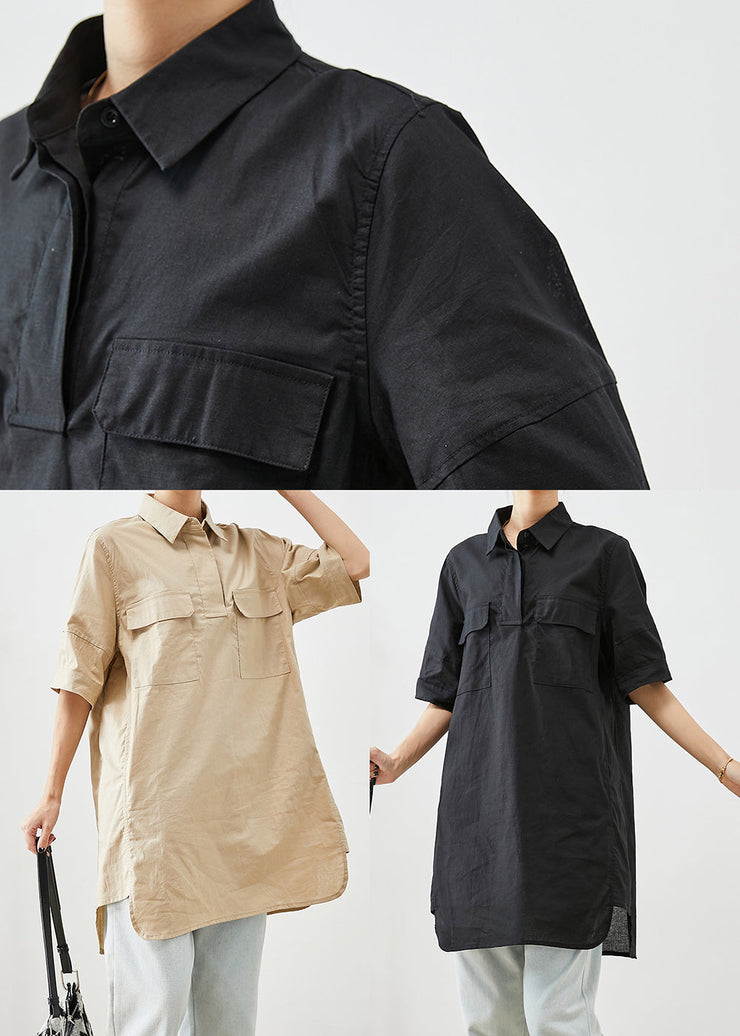 Beige Cotton Long Shirts Oversized Pockets Short Sleeve