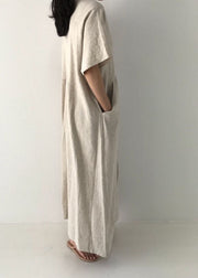 Beige Cozy Linen Holiday Dresses V Neck Pockets Summer