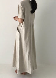 Beige Cozy Linen Holiday Dresses V Neck Pockets Summer