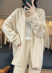 Beige Cozy Patchwork Cashmere Cardigan V Neck Long Sleeve