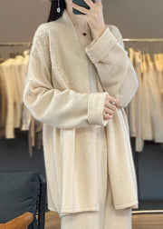 Beige Cozy Patchwork Cashmere Cardigan V Neck Long Sleeve