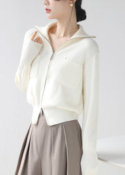 Beige Cozy Patchwork Knit Short Coat Zip Up Pockets Winter