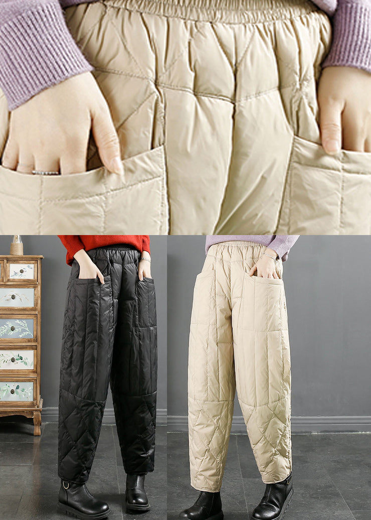 Beige Elastic Waist Cozy Duck Down Filled Pants Winter