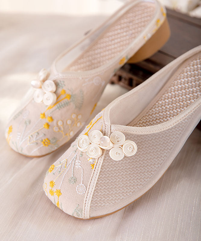 Beige Embroideried Slide Sandals Women Tulle Boho Splicing