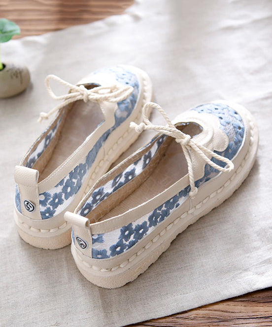 Beige Flat Feet Shoes Splicing Lace Up Hollow Out Embroidery