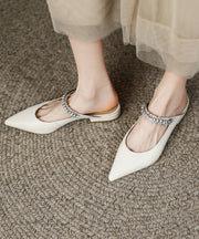 Beige Flat Sandals Faux Leather Pointed Toe Fashion Splicing Zircon