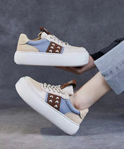 Beige Flat Shoes Platform Cowhide Leather Casual Lace Up