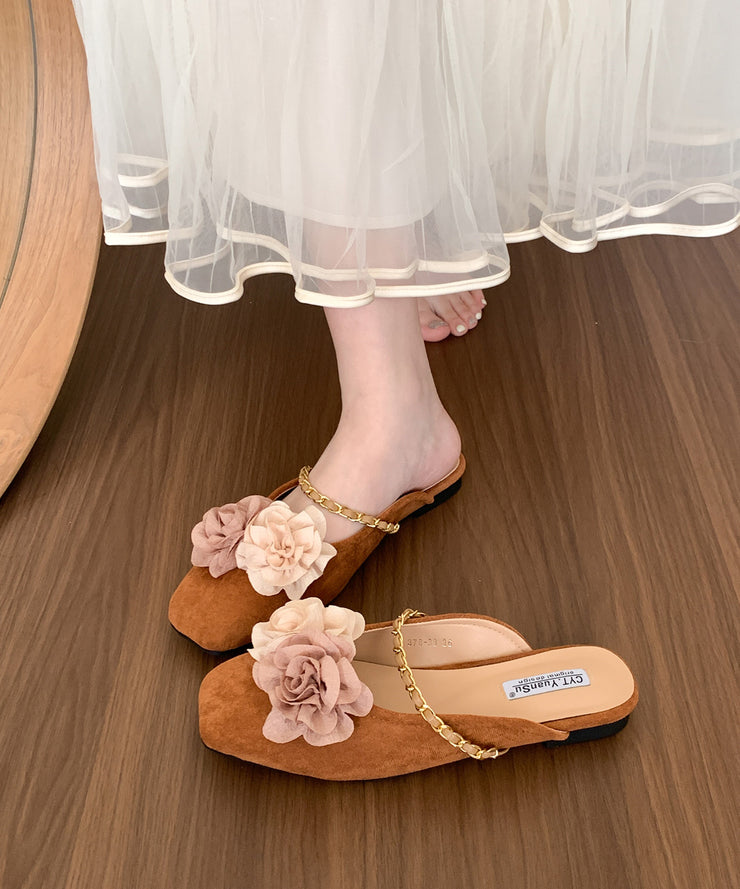 Beige Floral Suede New Retro Splicing Slide Sandals