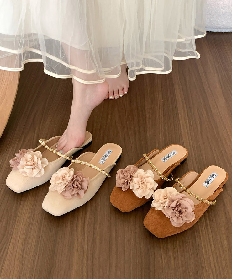 Beige Floral Suede New Retro Splicing Slide Sandals