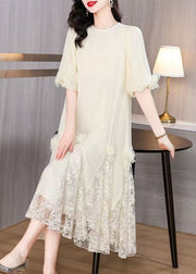 Beige FloralLace Patchwork Long Dresses O-Neck Summer